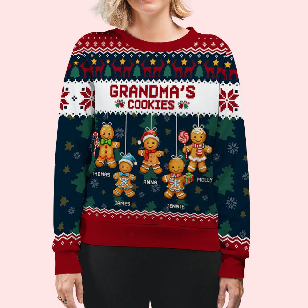 Personalized Grandma Cookies Printed Sweatshirt with Gingerbread Kids, Festive Christmas Gift for Grandma