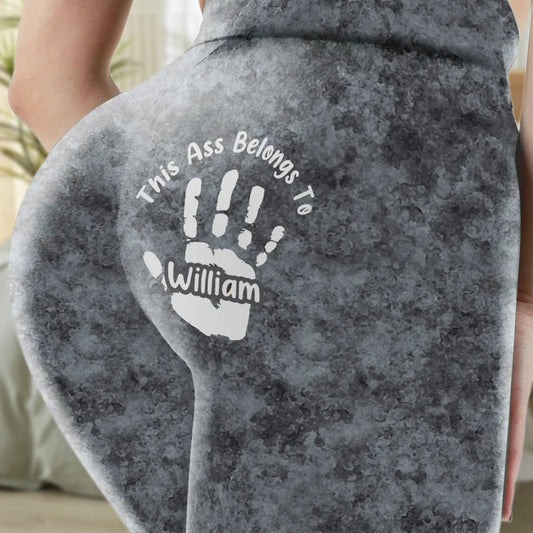 Women's Leggings With Playful 'This Ass Belongs To' Handprint, Personalized Funny Couple Gift