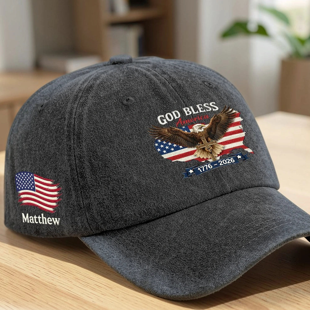 Personalized Washed Denim Baseball Cap, God Bless America Eagle Flag Design, Vintage Look Everyday Wear, Unique Gift