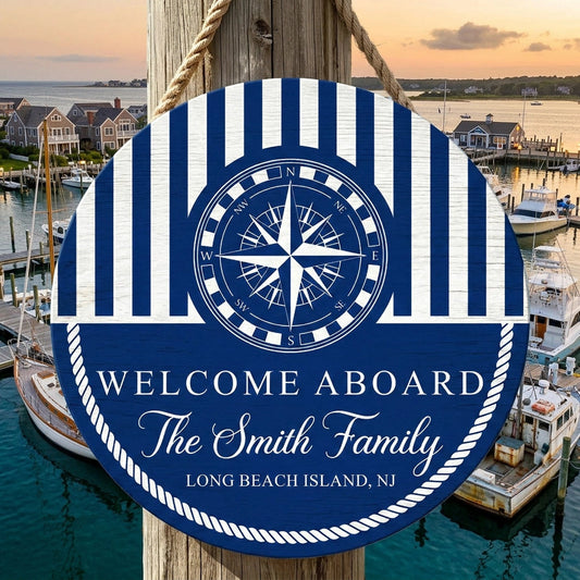 Personalized Welcome Aboard Wooden Sign With Nautical Compass And Stripes, Unique Coastal Gift For Families