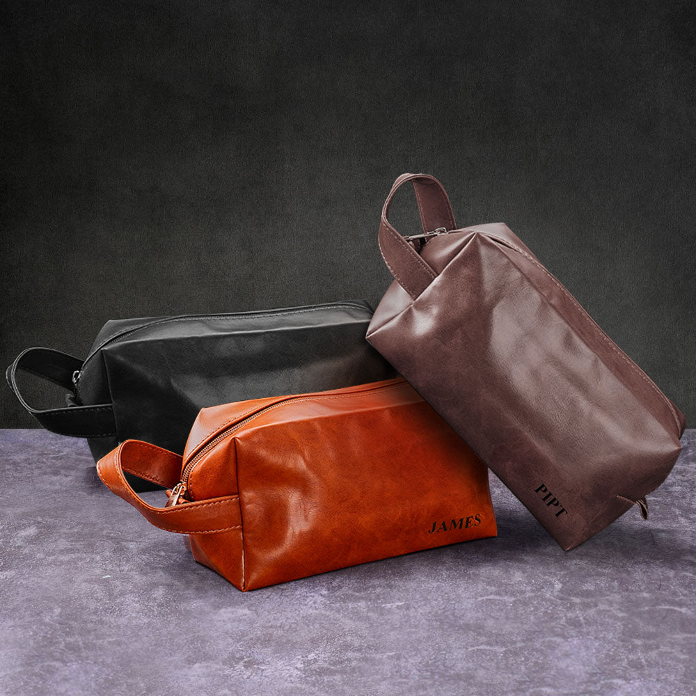 Custom Name Engraved Toiletry Travel Storage PU Leather Leather Toiletry Travel Storage Bag - gift for anyone - Personalized Bag