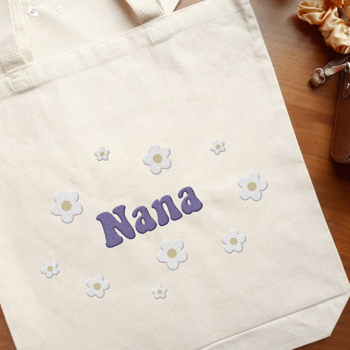 Custom Name With Flower - Personalized Grandma Embroidered Tote Bag