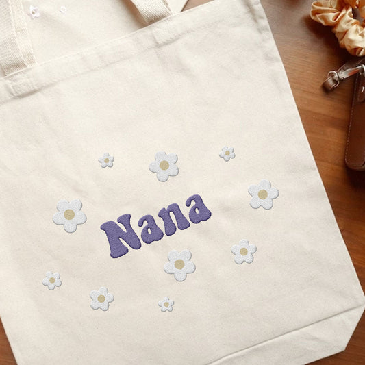 Custom Name With Flower - Personalized Grandma Embroidered Tote Bag