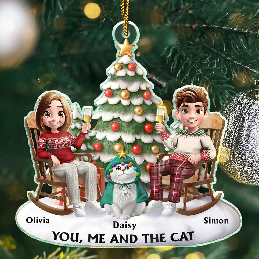 Acrylic Ornament featuring a couple and their cat under a festive tree – warm, photo-friendly décor and a perfect gift for cat-loving families