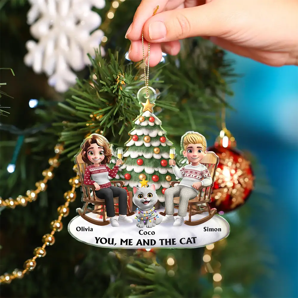 Acrylic Ornament featuring a couple and their cat under a festive tree – warm, photo-friendly décor and a perfect gift for cat-loving families