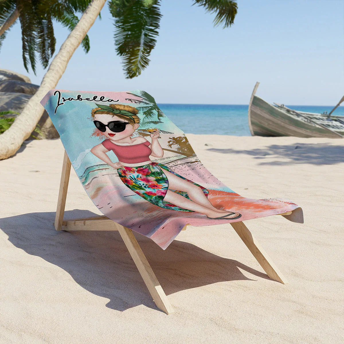 Personalized Beach Towel with Stylish Summer Lady Cartoon, Colorful Poolside Beach Trip Decor, Unique Gift for Her