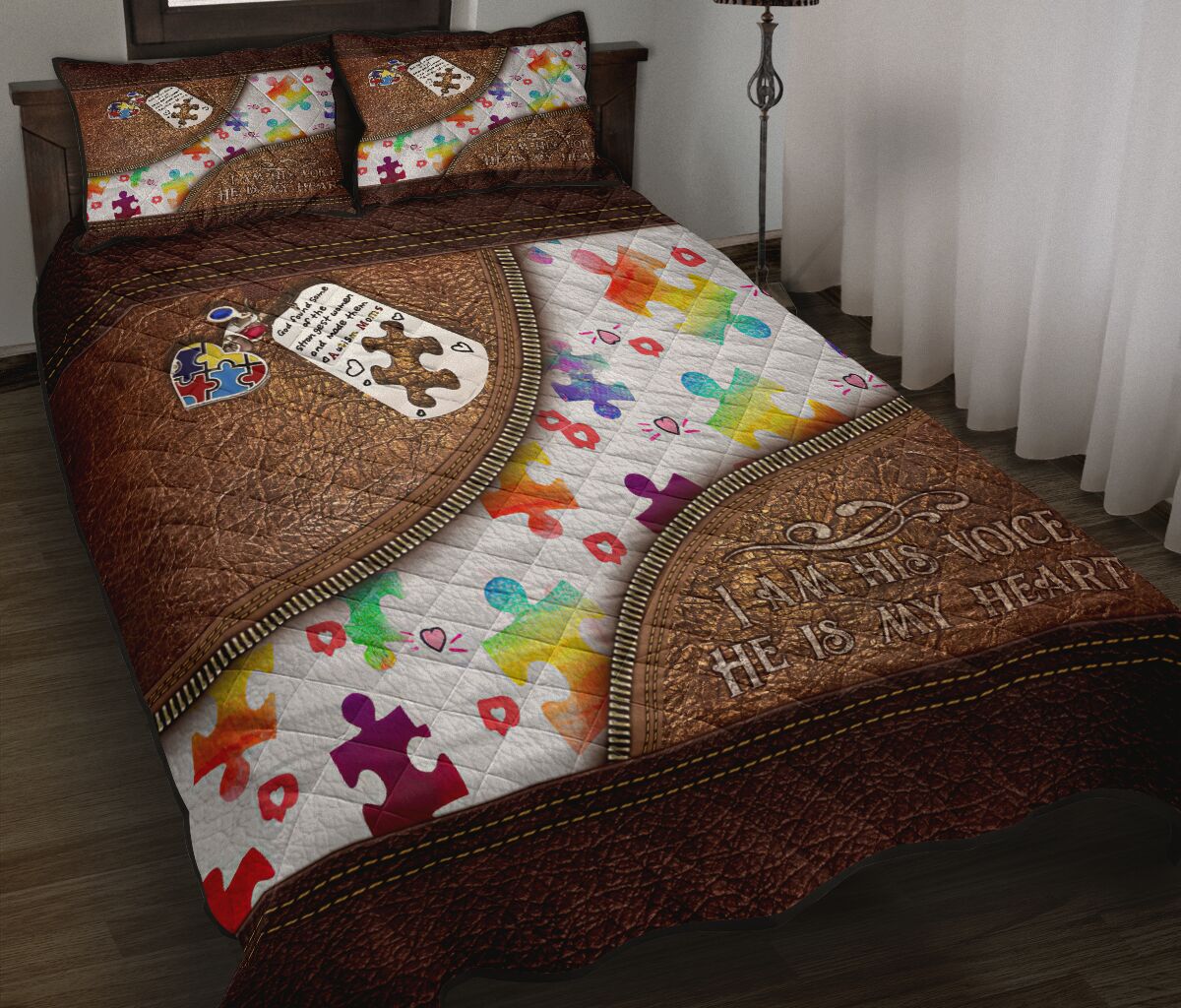 I Am His Voice He Is My Heart Leather Pattern Print Autism Awareness Quilt Set 0622