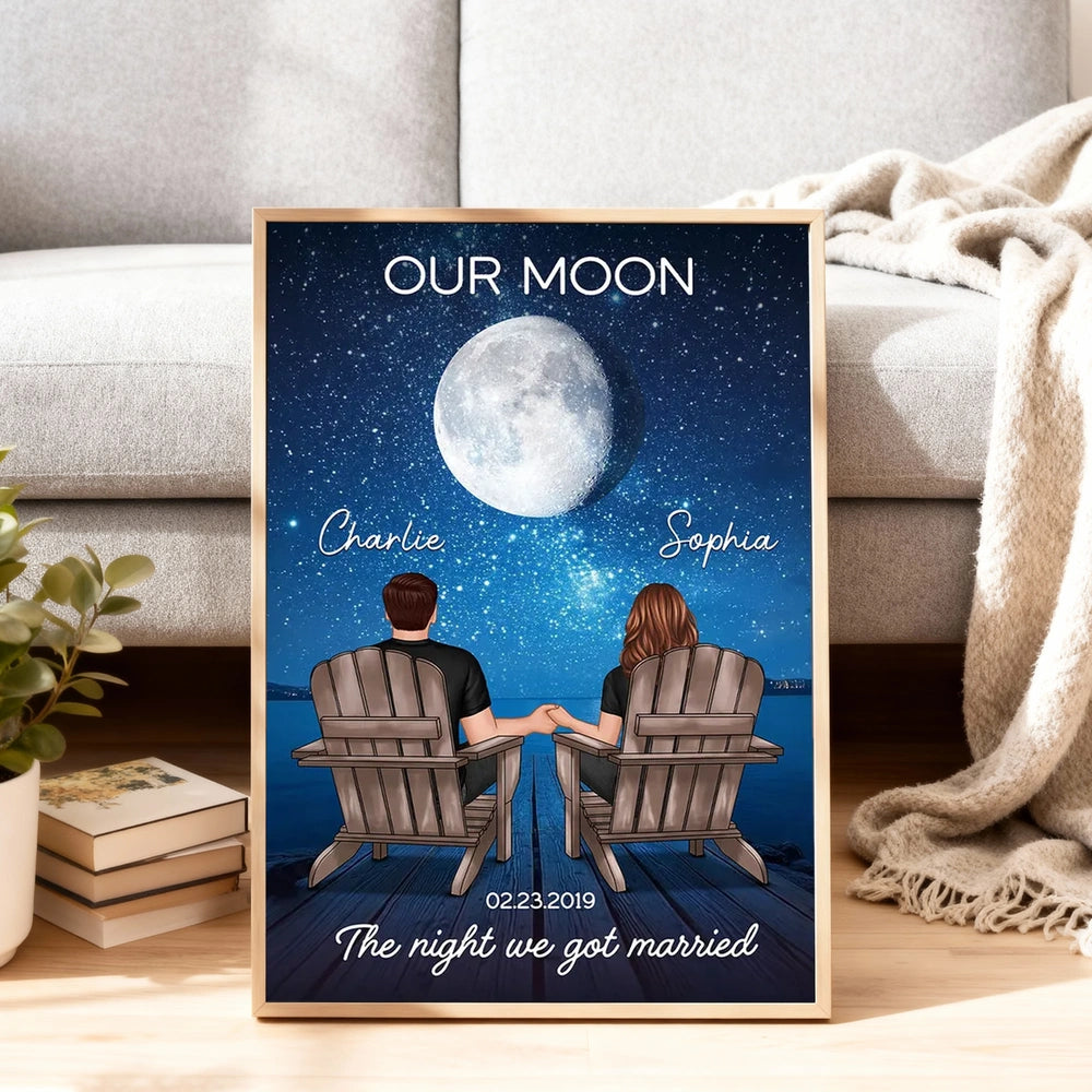 Personalized Moon Poster, Couple Holding Hands by the Ocean at Night, Unique Romantic Gift for Her or Him