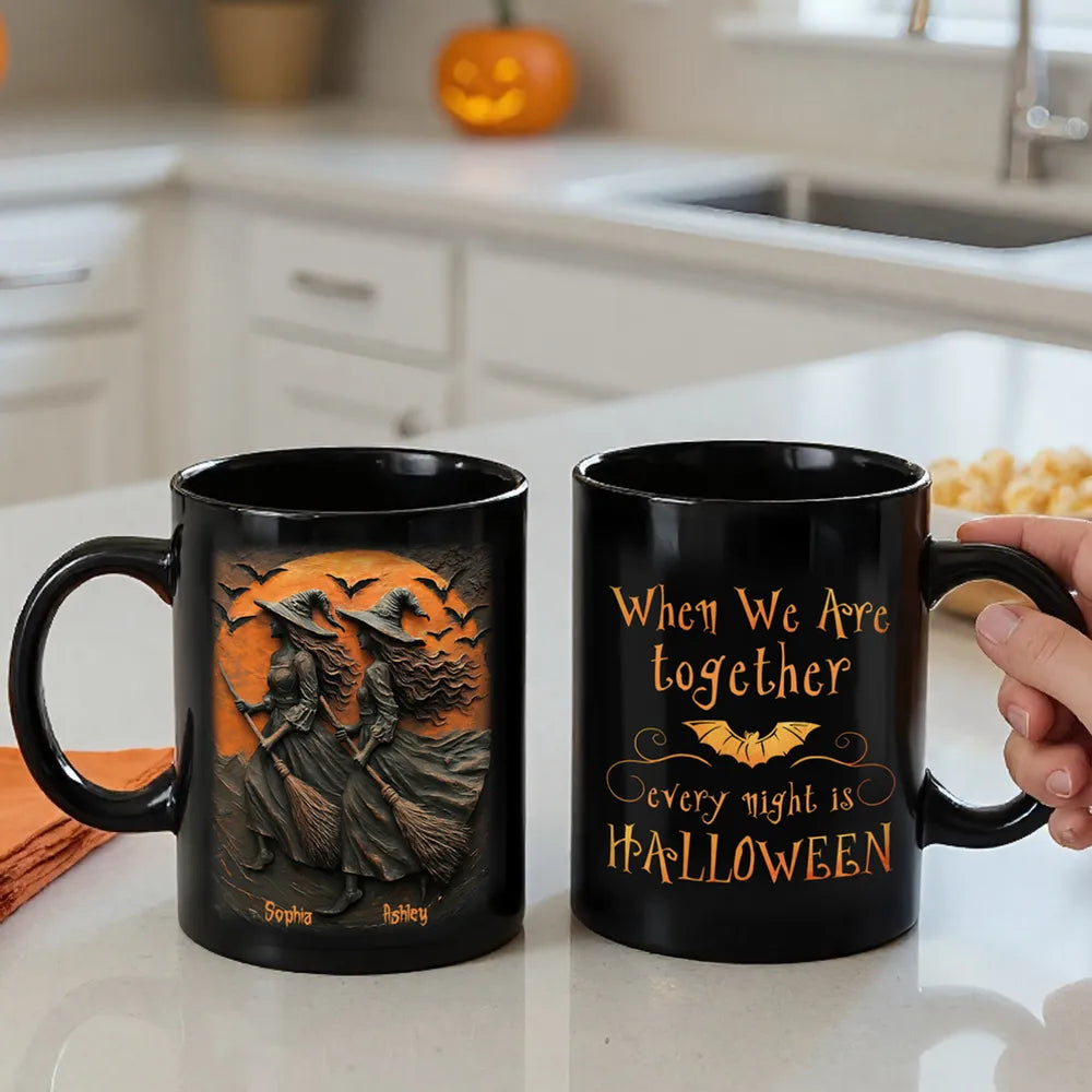 Custom Halloween Mug with Twin Witches & Spooky Night Design