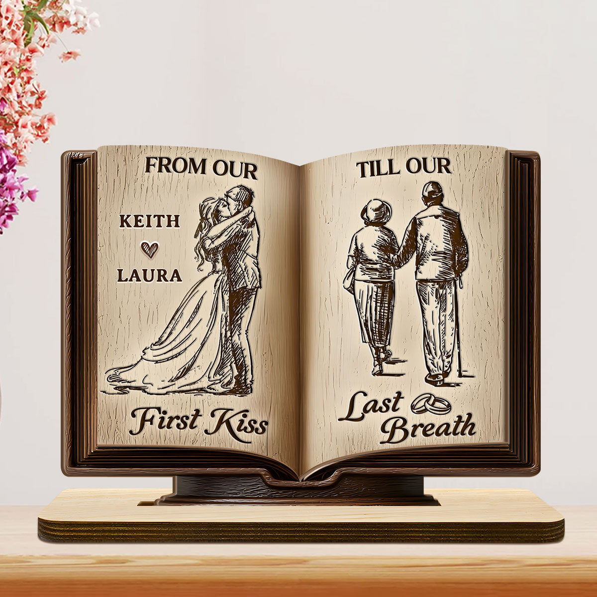Personalized 2-Layer Wooden Plaque Book for Couples From First Kiss to Last Breath, Romantic Keepsake & Unique Anniversary Gift