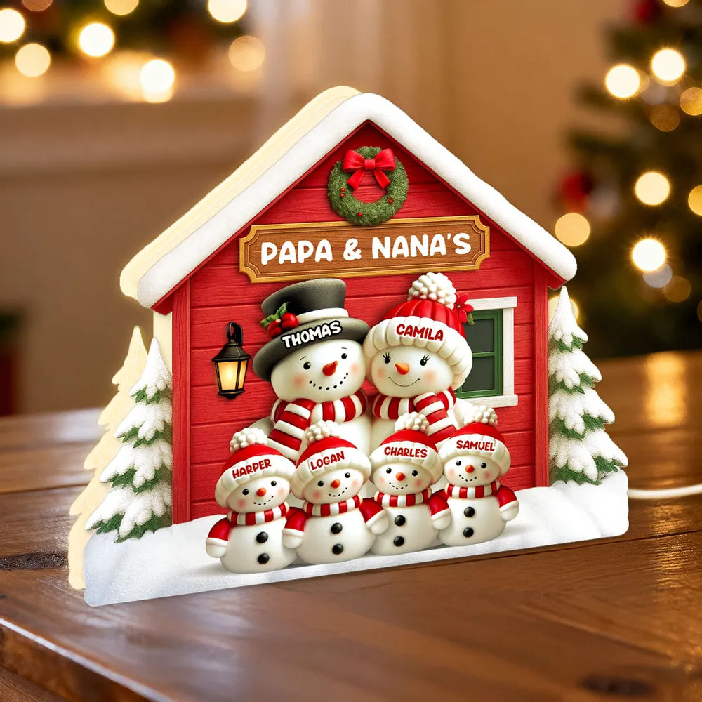Personalized Acrylic Light Box with Snowman Family House, Cozy Christmas Décor and Unique Holiday Gift for Parents Grandparents