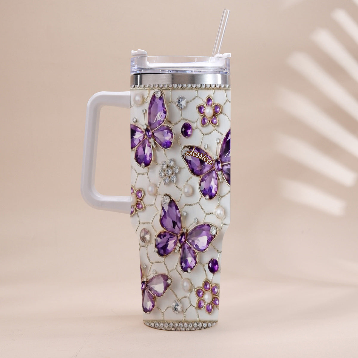 Love Butterflies - Personalized Butterfly Tumbler With Handle