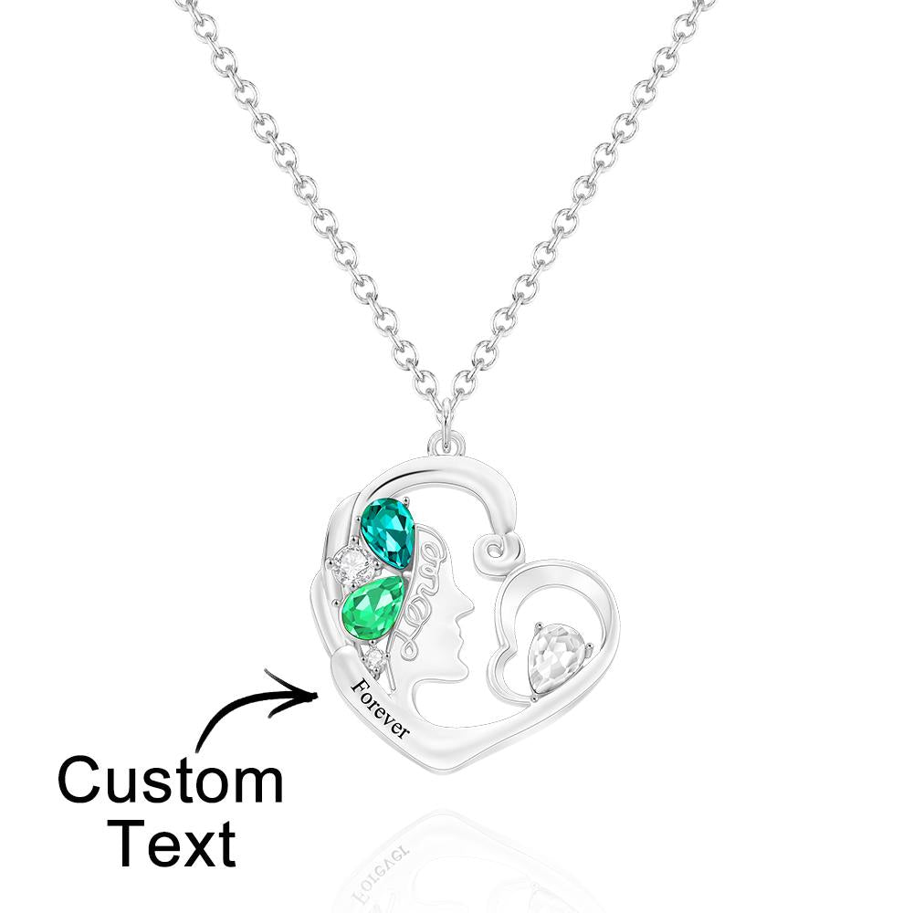 Birthstone Engraved Heart Charm - Personalized Mother Birthstone Women Necklace
