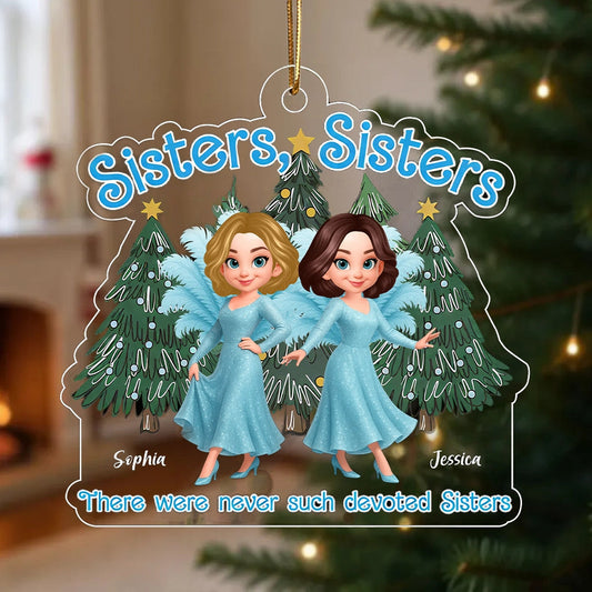 Personalized Sisters Acrylic Ornament featuring glitter blue dress design, holiday decoration and keepsake gift