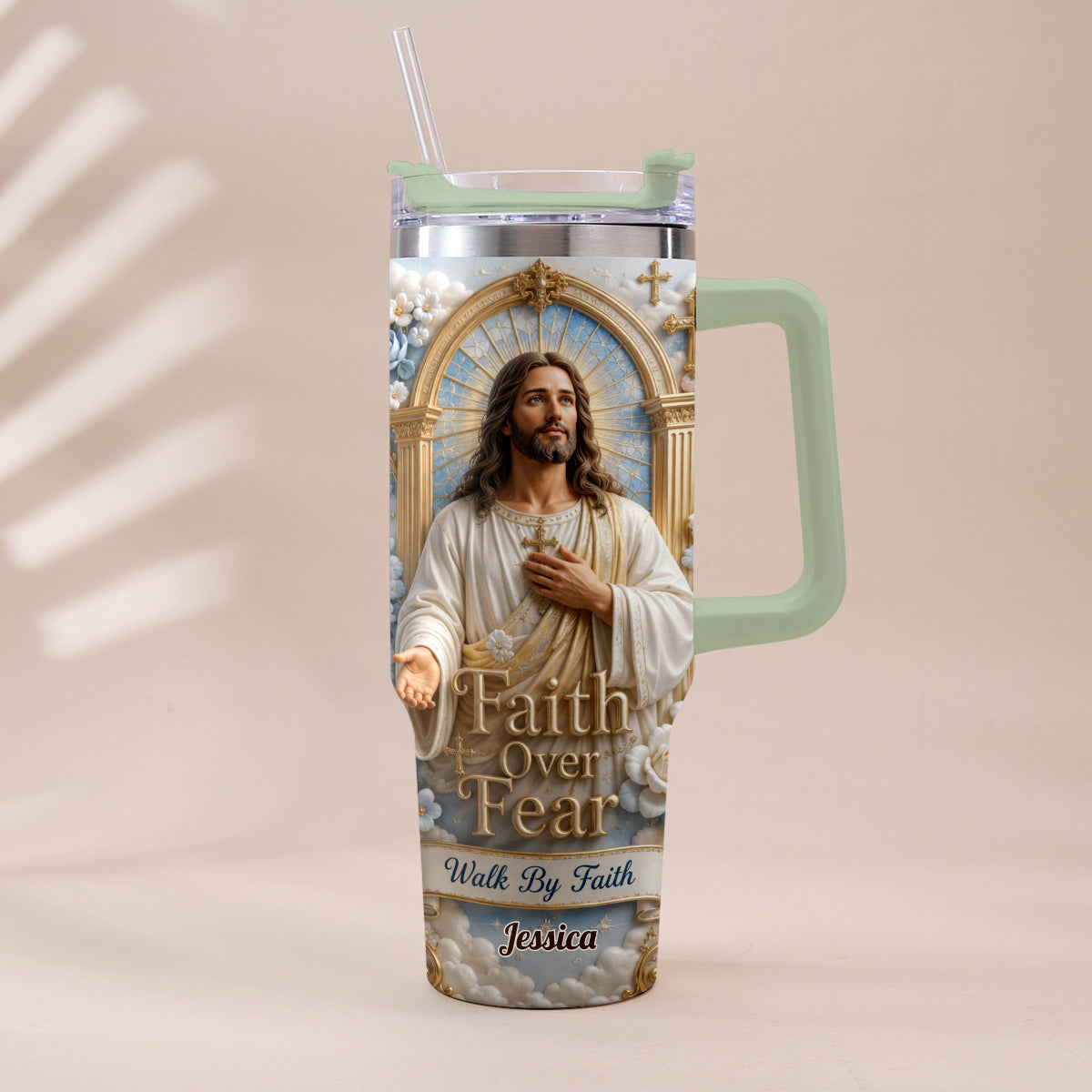 Faith Over Fear - Personalized Christian Tumbler With Plush Charm