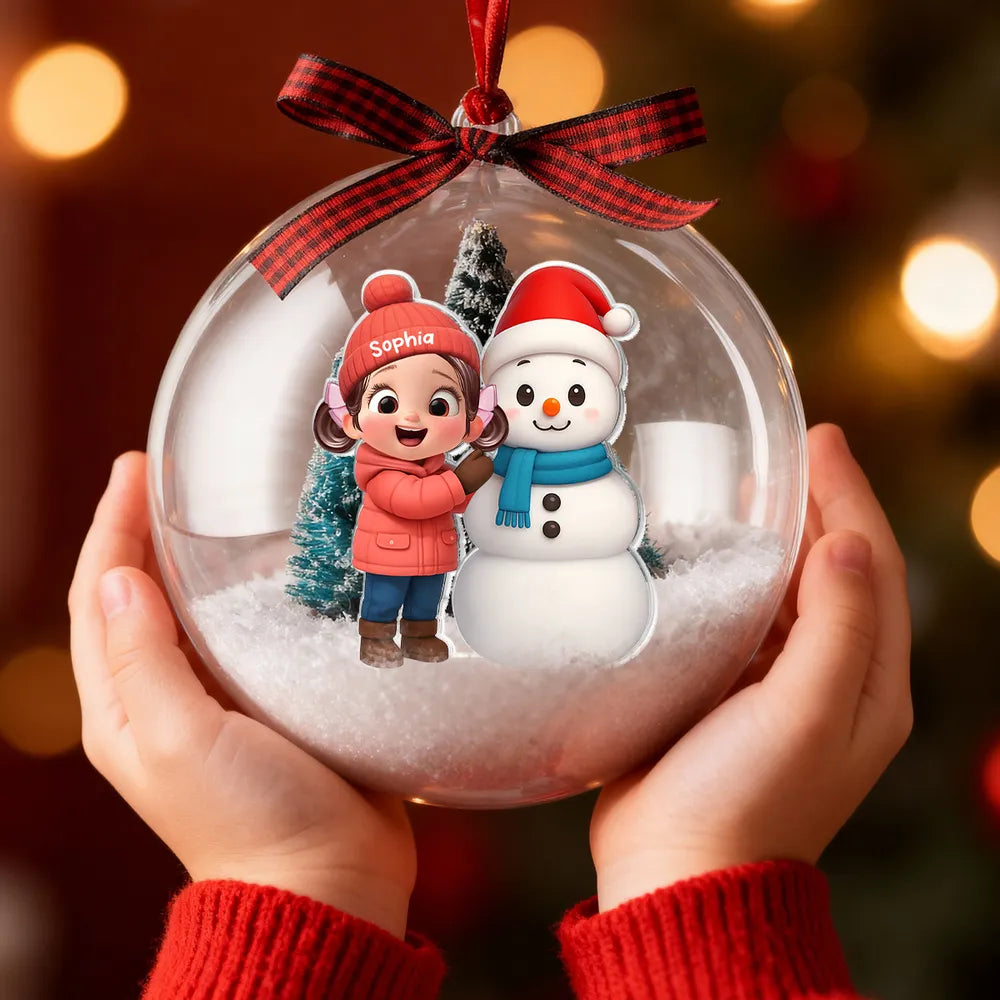 Snow Globe Ornament - Cute 3D Snowman Scene in Clear Acrylic, Easy to Hang, unique gift for Kids & Grandkids