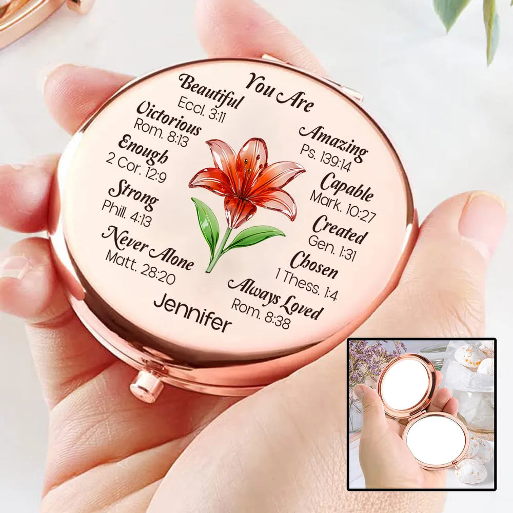 Metal Compact Mirror Personalized Name Gift with Uplifting Faith Words Lily Art Daily Reminder for Mom Daughter Friend