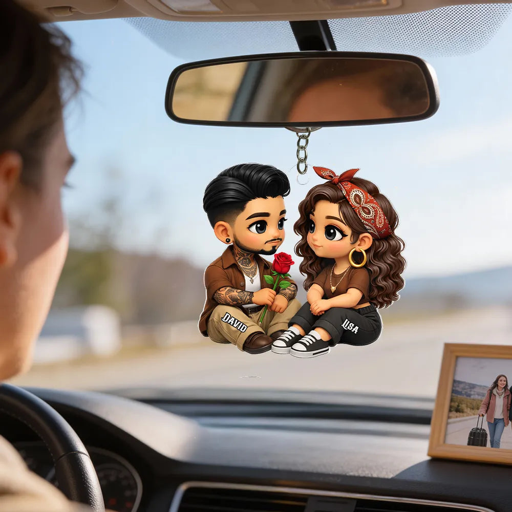 Personalized Couple Acrylic Car Hanger with Rose, Sweet Valentine’s Day Gift, Cozy Cute Rearview Mirror Keepsake