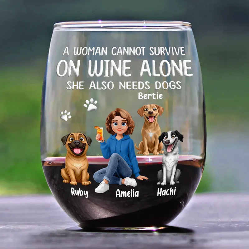 Personalized Wine Glass with Woman and Dog Cartoon - Funny Dog Mom Gift for Wine Nights