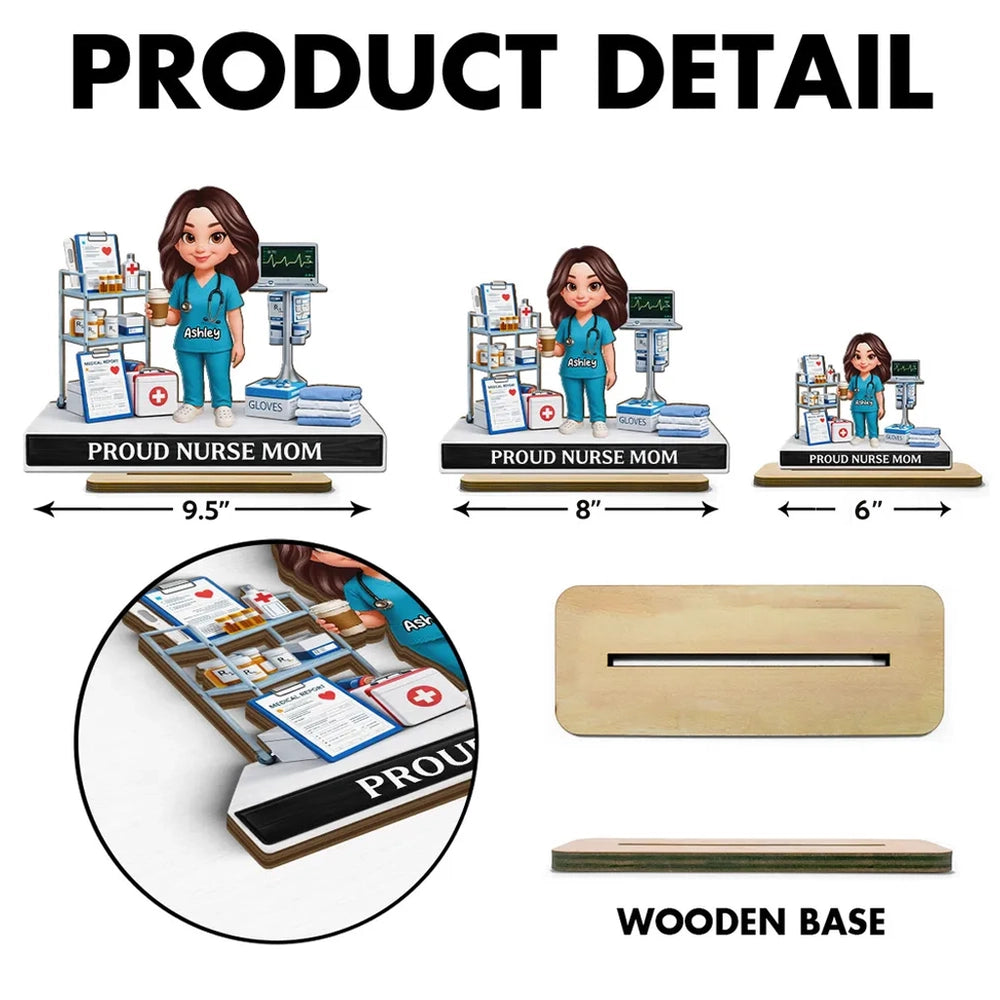 Personalized Proud Nurse Mom 2-Layer Wooden Plaque, Cartoon Nurse in Hospital Scene, Unique Gift for Mom