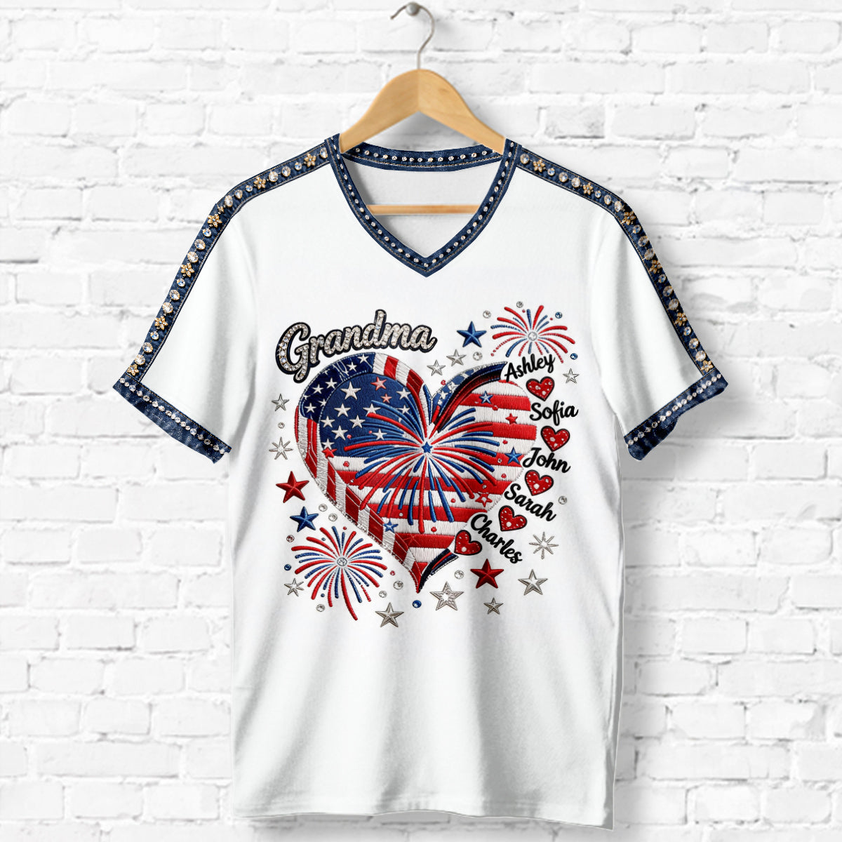 July 4th Grandma Sweethearts Shirt - Personalized Grandma Fully Printed V-Neck T-Shirt