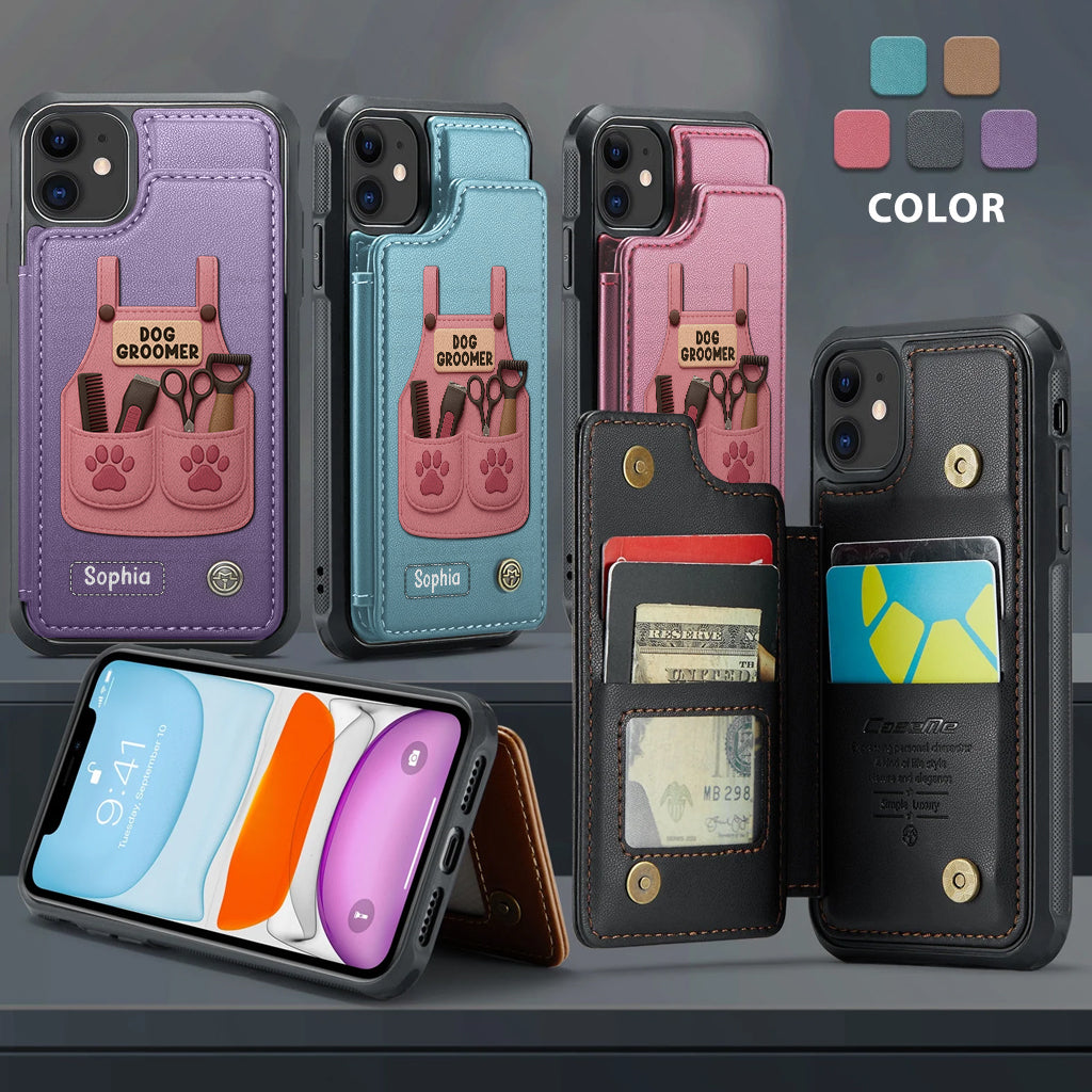 Dog Groomer Gift With Grooming Tools And Paw Prints - Personalized Dog Groomer Wallet Phone Case