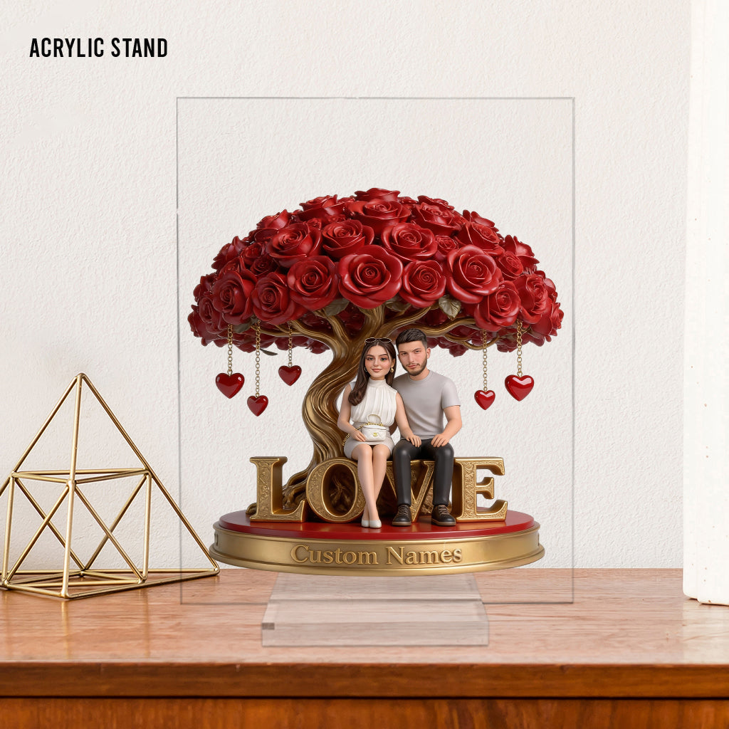 Custom Senior Latin Couple Figurine Statue, Engraved Anniversary Gift, Personalized Red Rose Tree Sculpture Romantic Home Decor