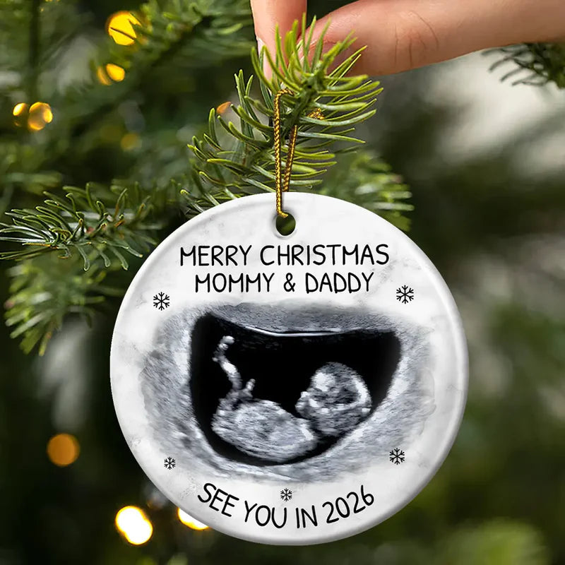 Christmas Ultrasound Ceramic Ornament for Mom and Dad, baby announcement keepsake for the tree, a heartfelt holiday gift.