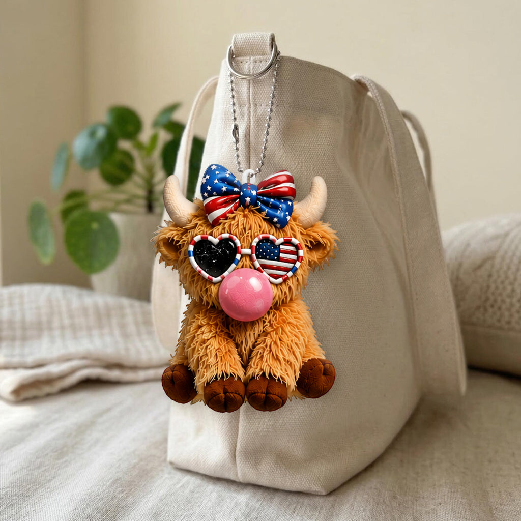 Land Of The Free - Personalized Highland Cow Tumbler With Plush Charm