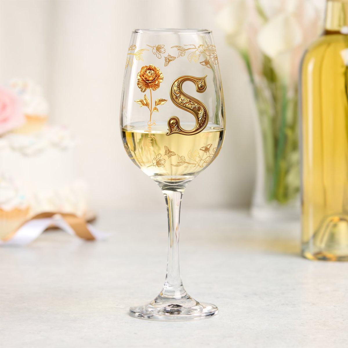 Gold Flowers - Personalized Luxury Wine Glass With Long Stem