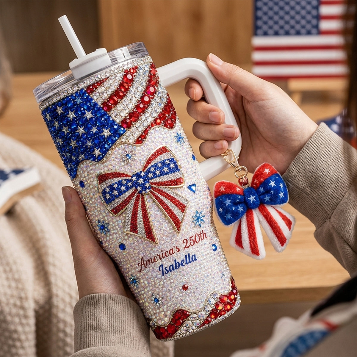 America's 250th Bow - Personalized Independence Day/ 4th of July Rhinestone Tumbler With Plush Charm