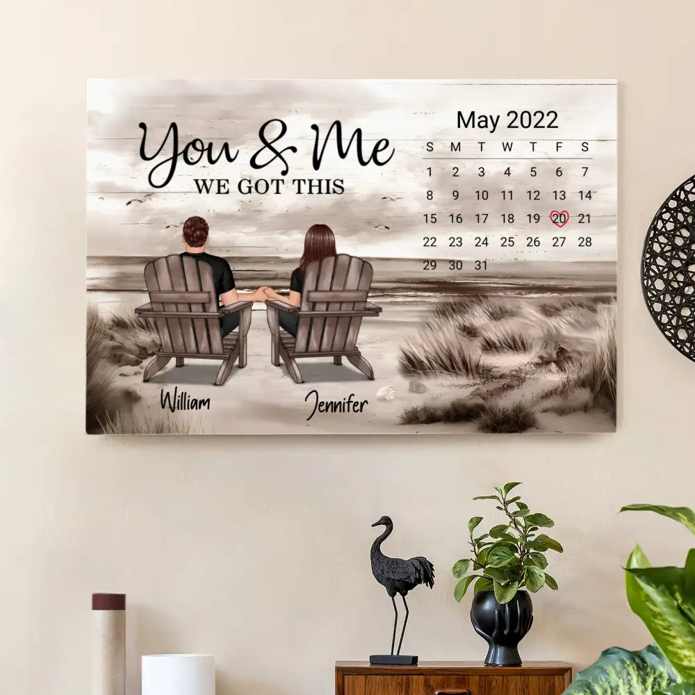 Personalized Calendar Couple Poster, Romantic Beach Scene Love Story