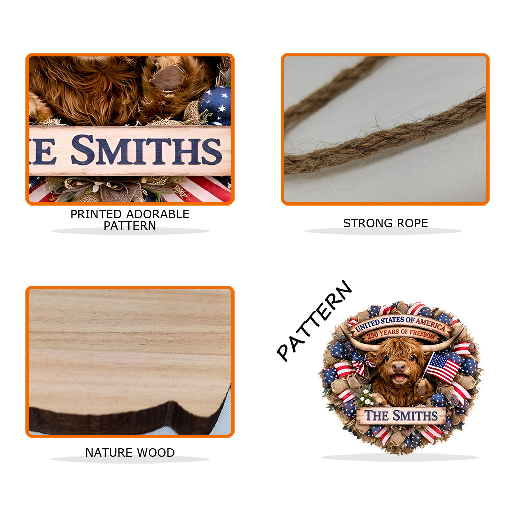 Highland Cow Celebrate 250th Anniversary - Personalized Highland Cow Shaped Wood Sign With Sash