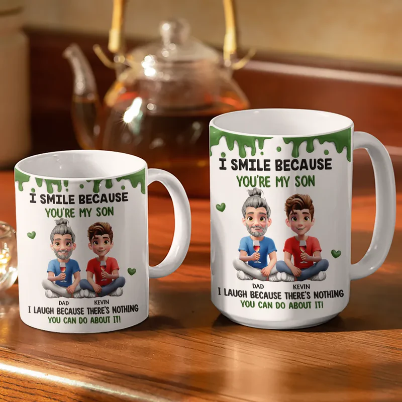 Personalized Ceramic Mug with Funny Mom and Son Quote, Cute Cartoon Sitting Design, Unique Gift for Mom or Son