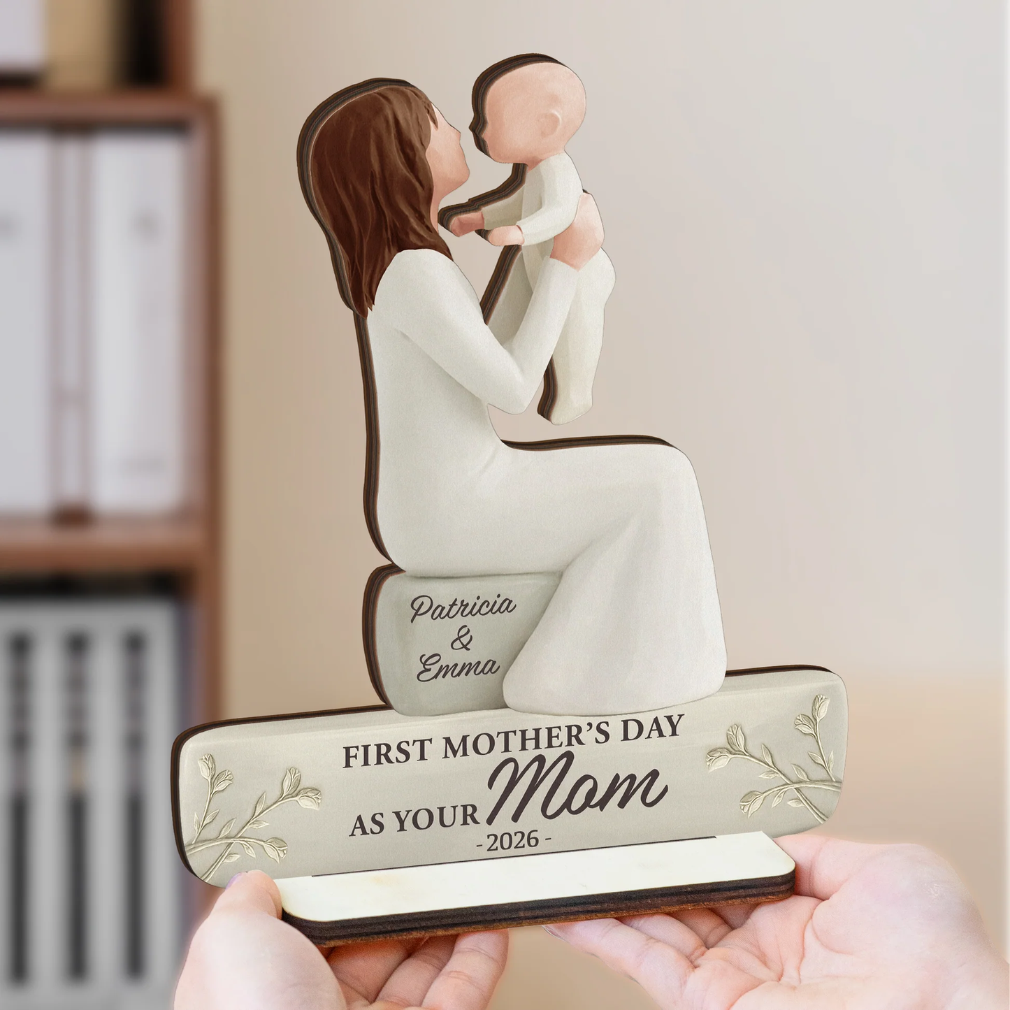 Personalized 2-Layer Wooden Plaque, Mom Holding Baby Keepsake for Nursery or Living Room, Unique First Mother's Day Gift
