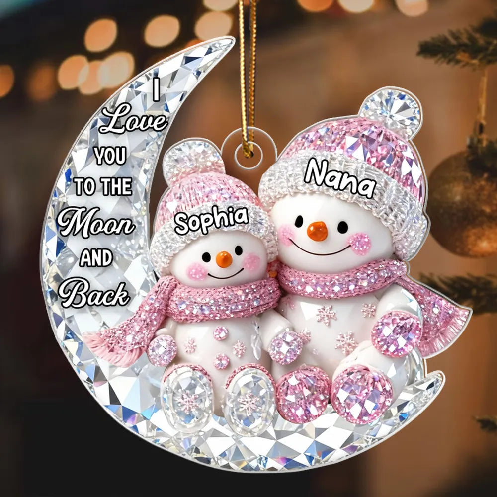 Personalized Acrylic Ornament for Grandma & Grandkid on Moon – Sparkling Snowman Design, I Love You to the Moon and Back, Unique Christmas Gift