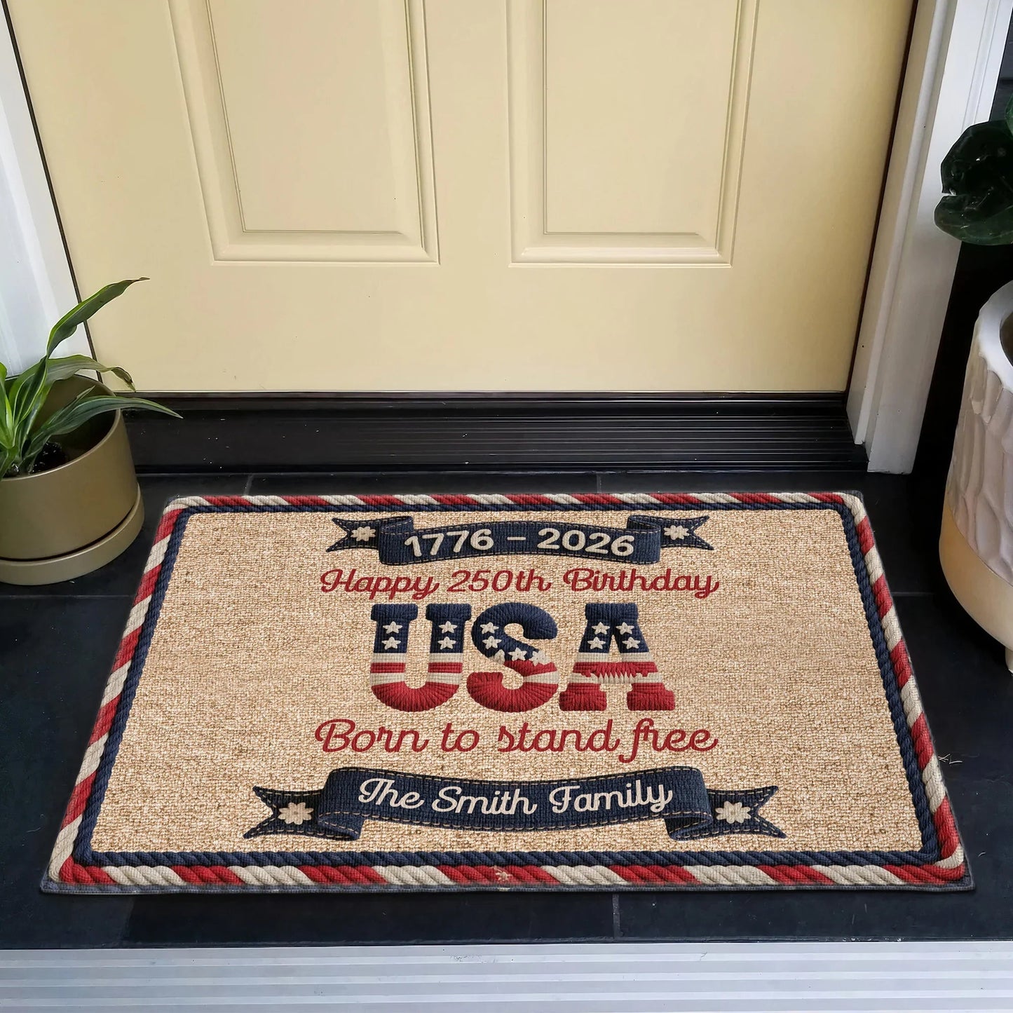 Happy 250th Birthday USA Standard Doormat, Personalized Family Name Welcome Mat, Proud Patriotic Gift for Home