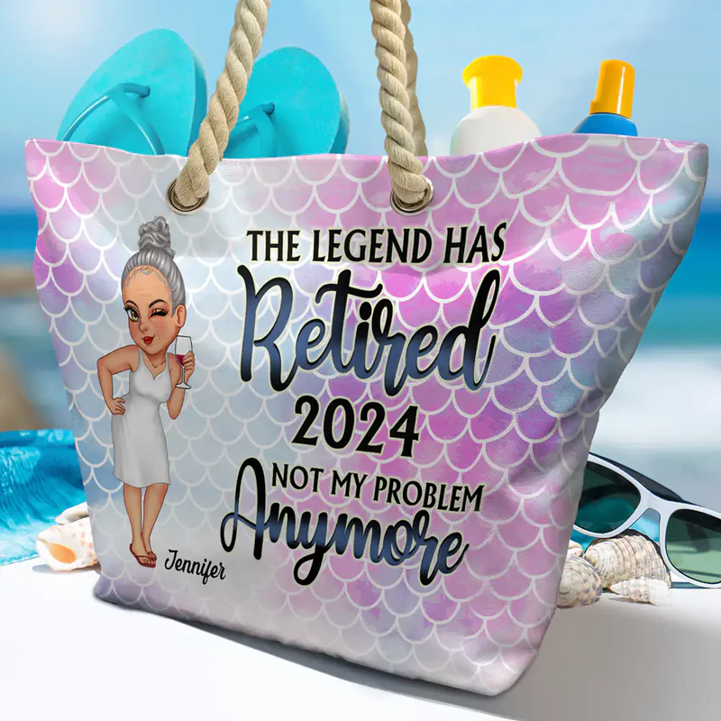Rope Handle Canvas Bag Personalized for Retirement, Beach Scene Cartoon Woman, Fun 'Not My Problem Anymore' Gift
