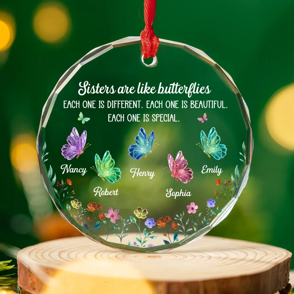 Sisters Are Like Butterflies Crystal Ornament, Personalized, Butterfly & Floral, Christmas Tree decor, unique gift for Sister