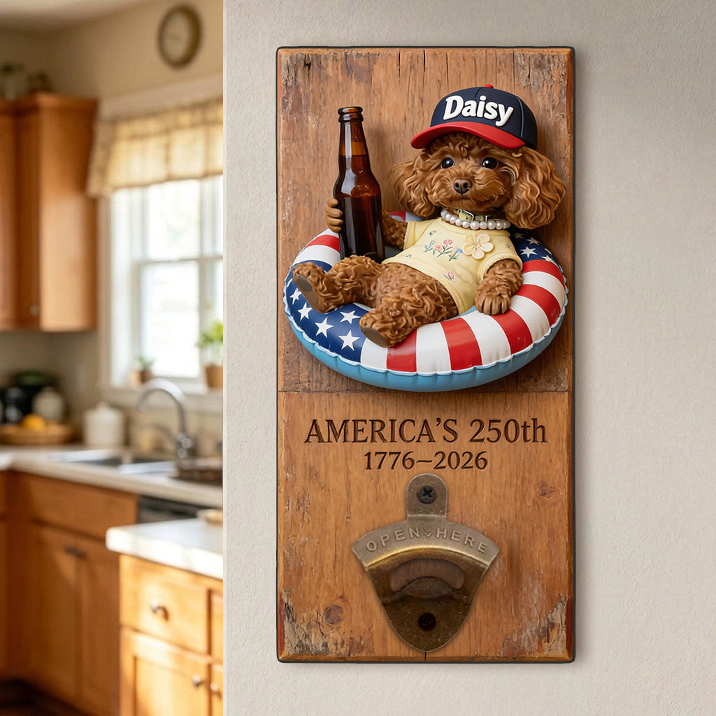 Dog With American Flag - Personalized Dog Wall Bottle Opener