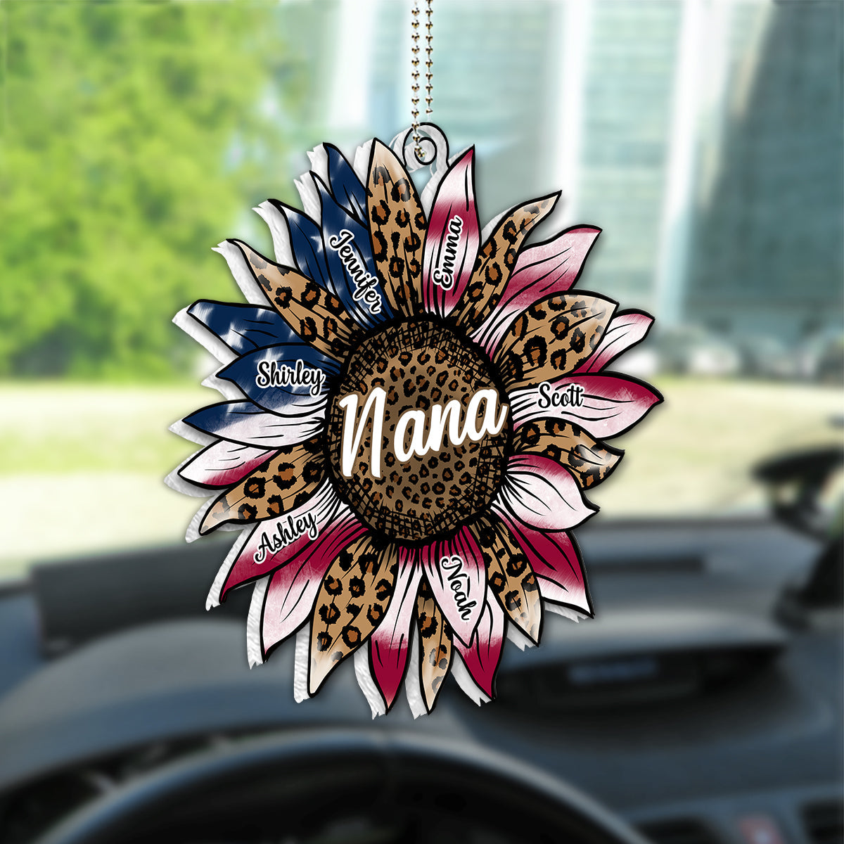 Grandma's Sunflower 4th Of July Flag - Personalized Grandma Custom Shaped Car Ornament