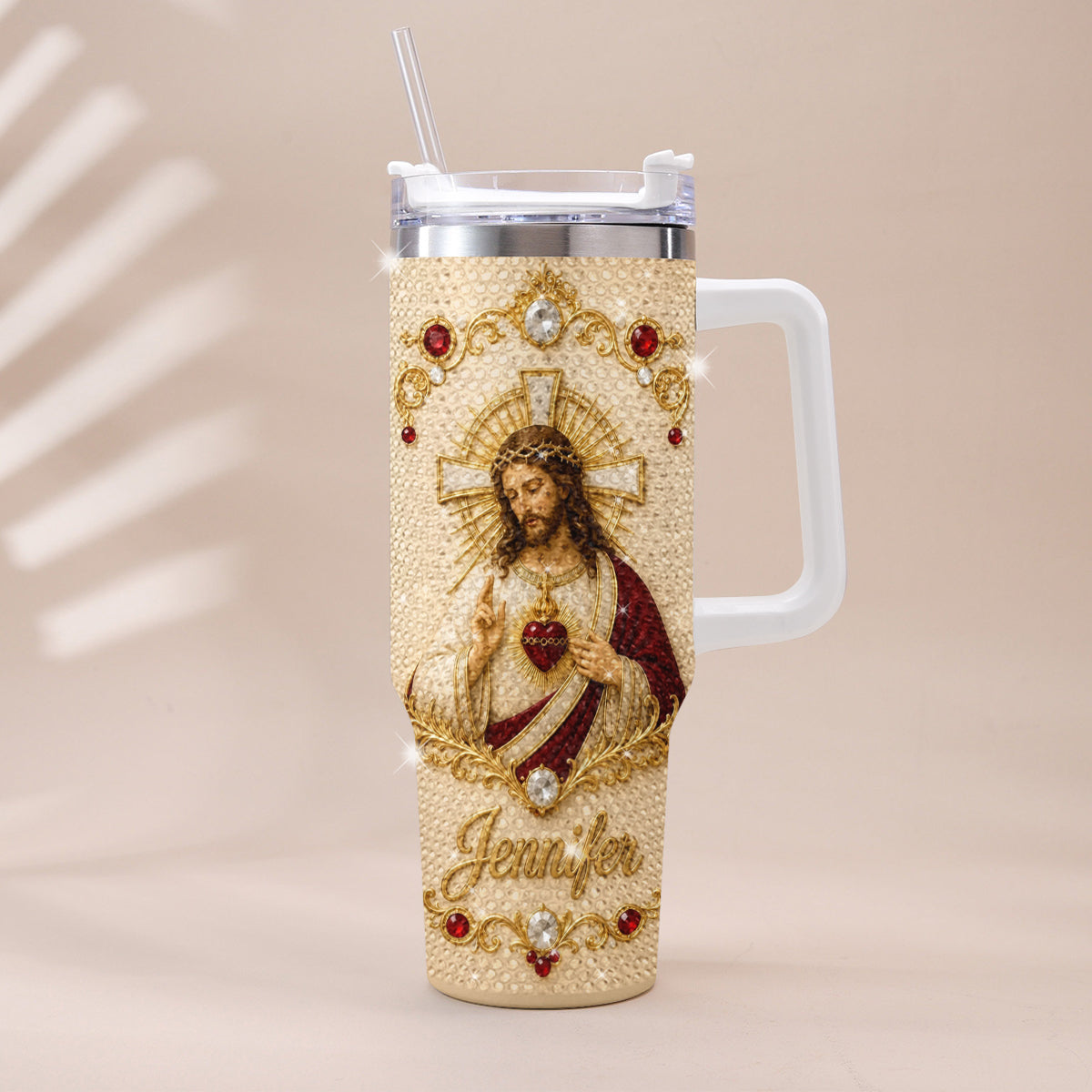 God Bless You - Personalized Christian Rhinestone Tumbler With Handle