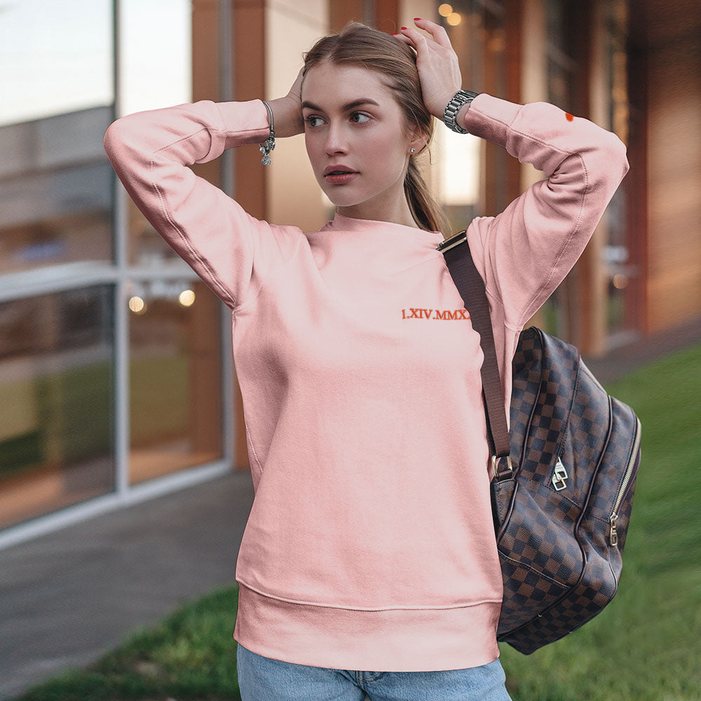 Custom Engraved Embroidery Round Neck Roman Numeral Date - Personalized Couple Sweatshirt