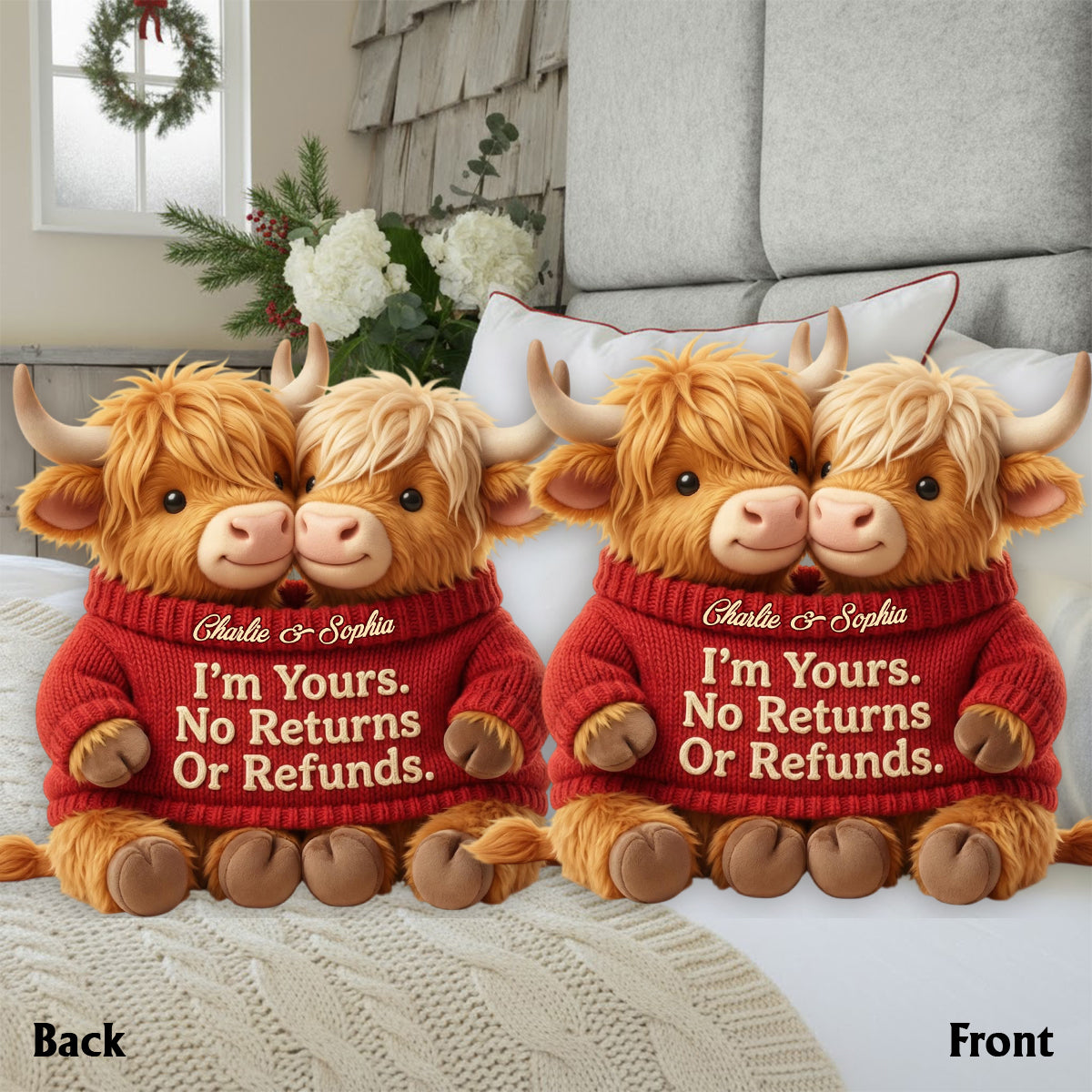 I'm Yours. No Returns Or Refunds - Personalized Highland Cow Faux Fur Shaped Pillow