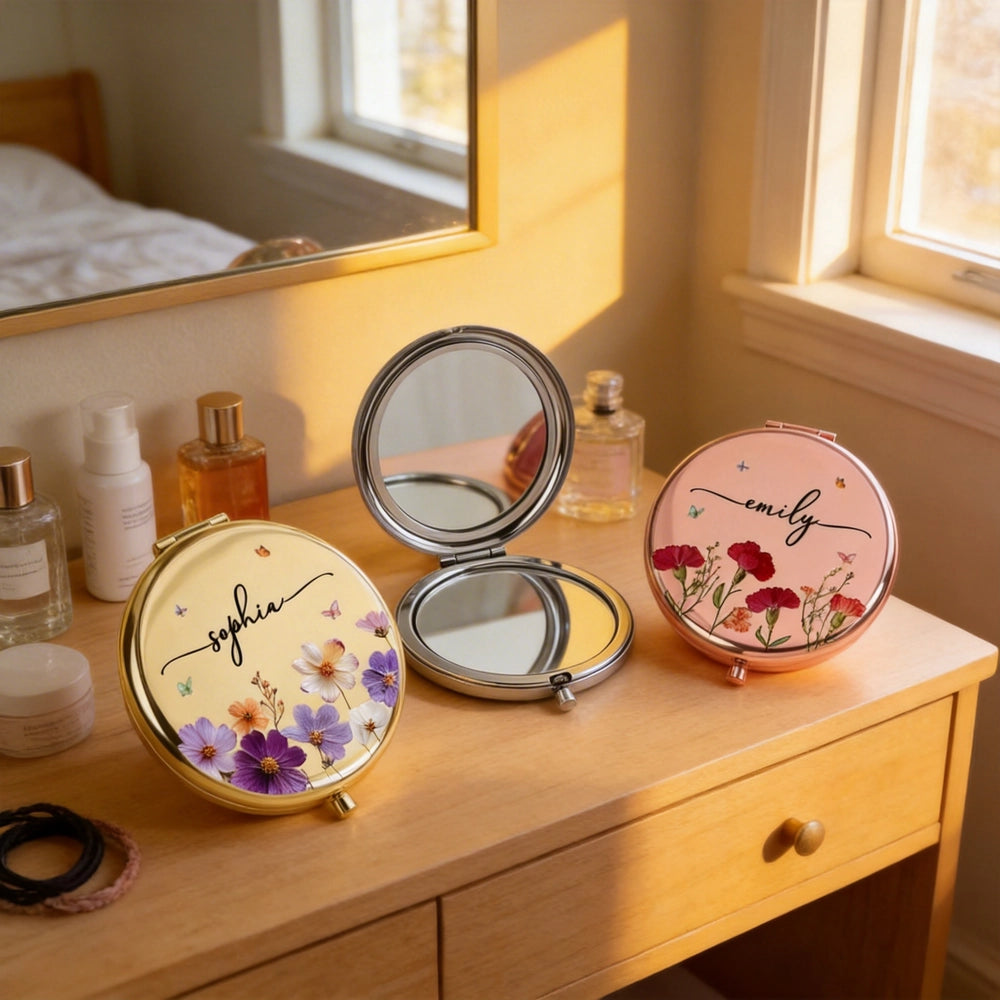 Custom Name Floral Metal Compact Mirror, Delicate Wildflower Design, Thoughtful Gift for Mom Daughter Best Friend, Sweet Daily Reminder
