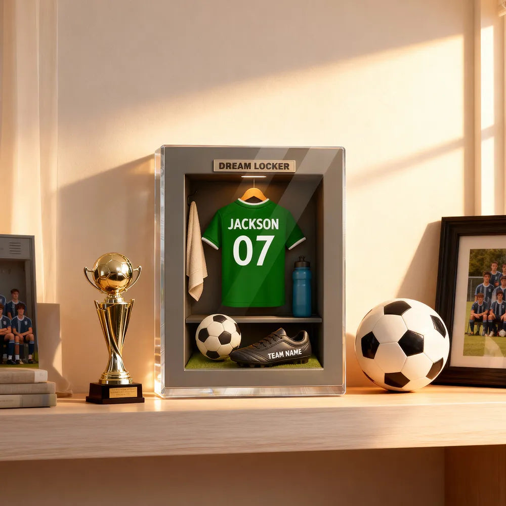 Rectangle Acrylic Block Plaque Personalized Dream Locker Soccer Jersey Scene, Sentimental Display Gift for Soccer Lovers and Families
