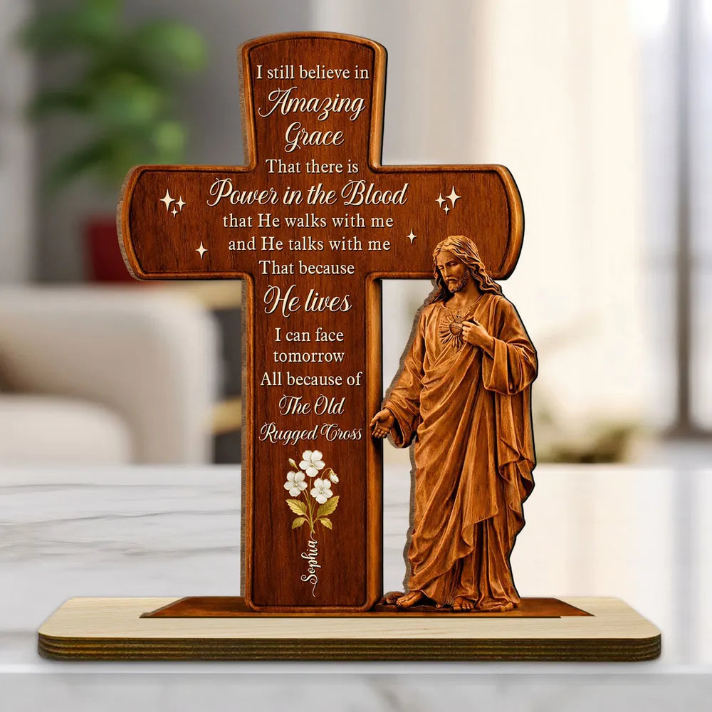 Personalized 2-Layer Wooden Plaque Cross and Jesus Design for Home Display, Amazing Grace Inspired, Unique Faith Gift