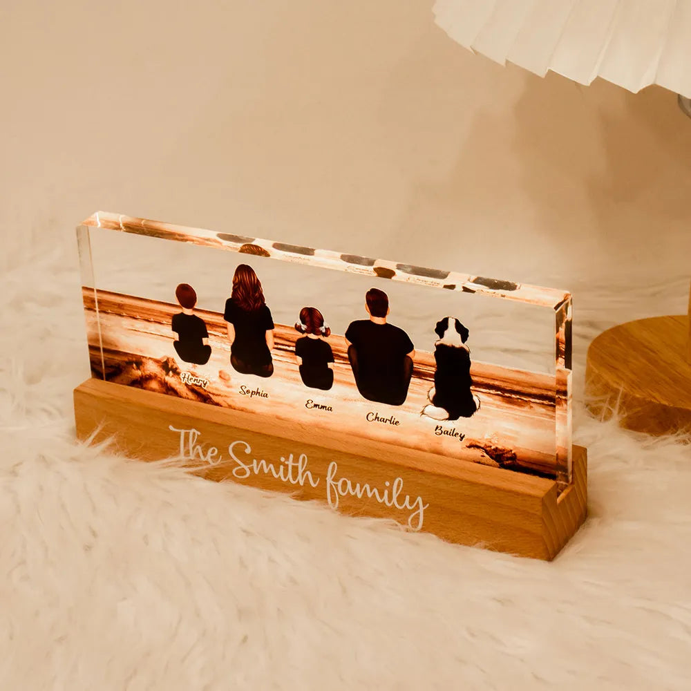 Family Sitting Back View Retro Vintage Beach Landscape - Personalized Family LED Plaque, Family Gift for Parents, Siblings & Pet Lovers