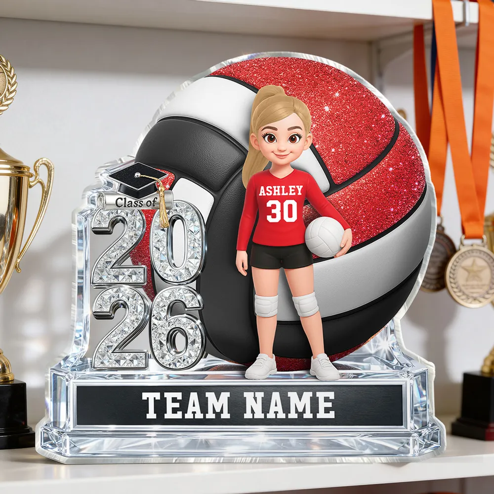 Volleyball Shaped Acrylic Block Plaque, Personalized Class Keepsake for a Senior Player - Proud Team Gift for Her