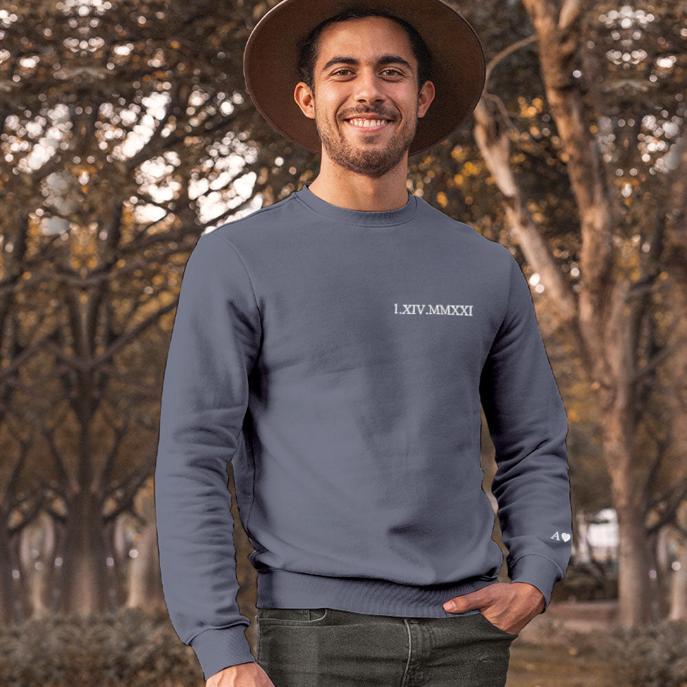 Custom Engraved Embroidery Round Neck Roman Numeral Date - Personalized Couple Sweatshirt